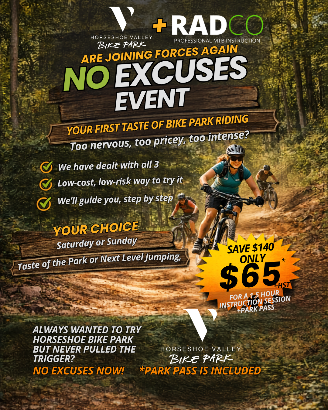 Advertisement for a bike park event with text and images of people riding bikes on a trail.