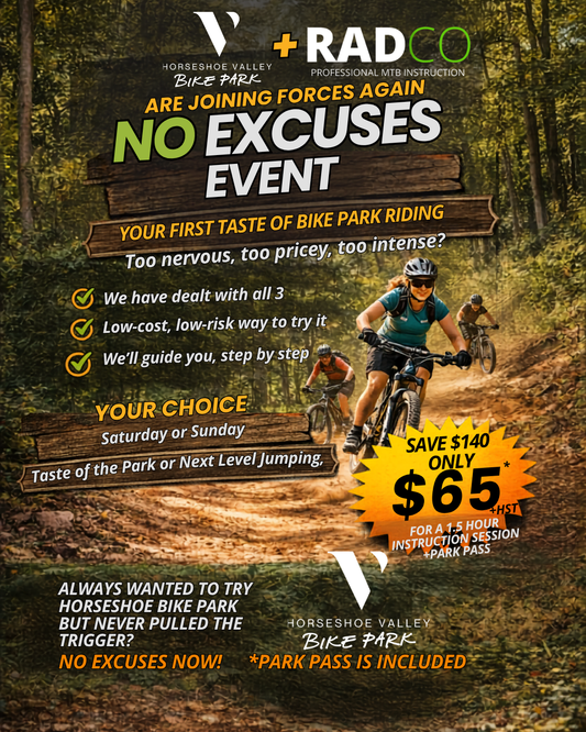 Advertisement for a bike park event with text and images of people riding bikes on a trail.
